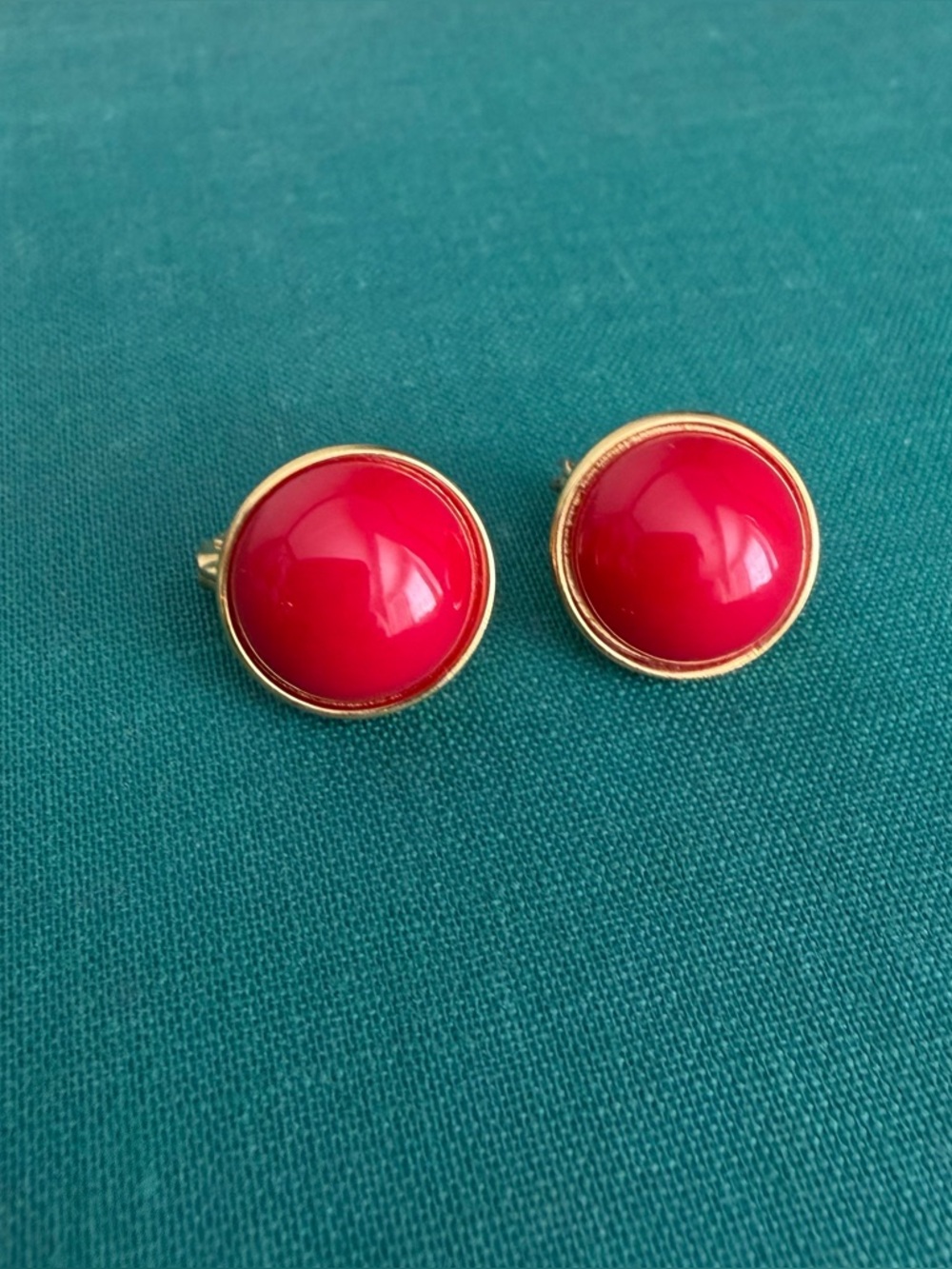 Vintage Monet Red Cabochon Clip-On Earrings Gold Tone Classic Retro
